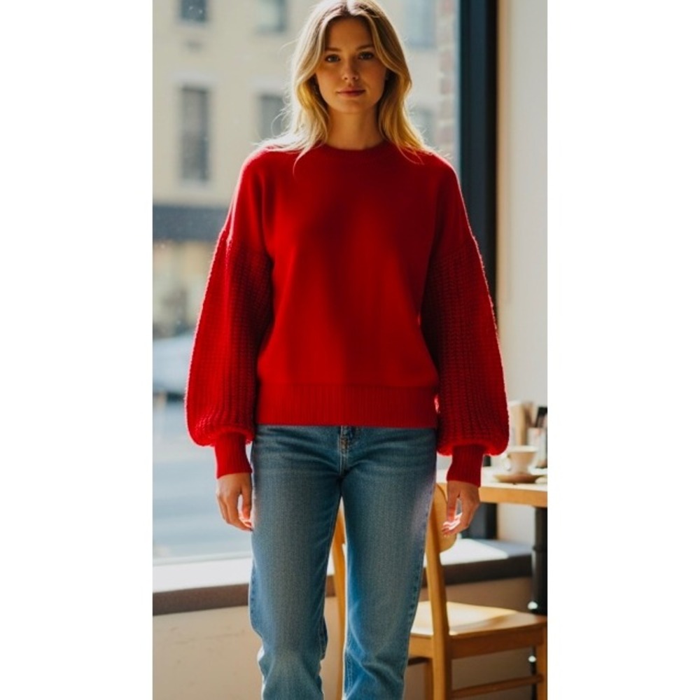 &merci Womens Red Mixed Knit Cable Sleeve Crewneck‎ Sweater Large